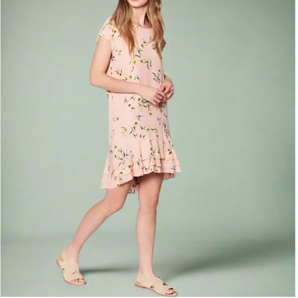 Joie Coreen Silk Floral Dress XS Pink Blush High Low Tiered Ruffle Flounce Hem